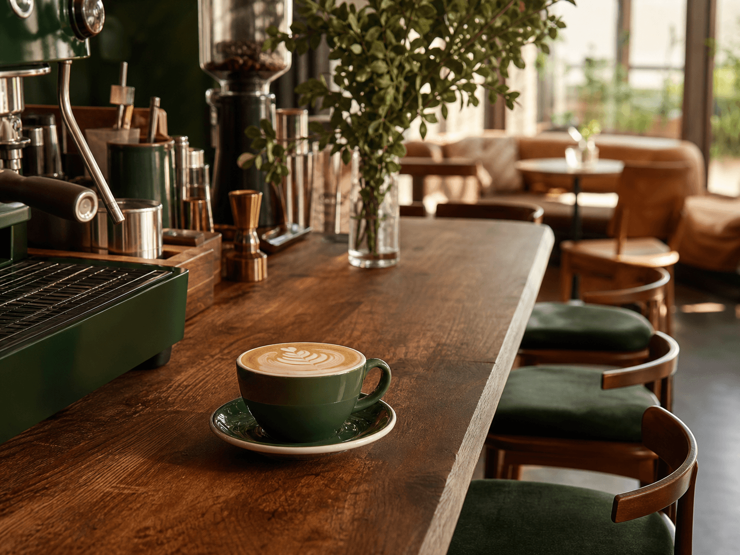 Latte art on the wood coffee bar at Locals